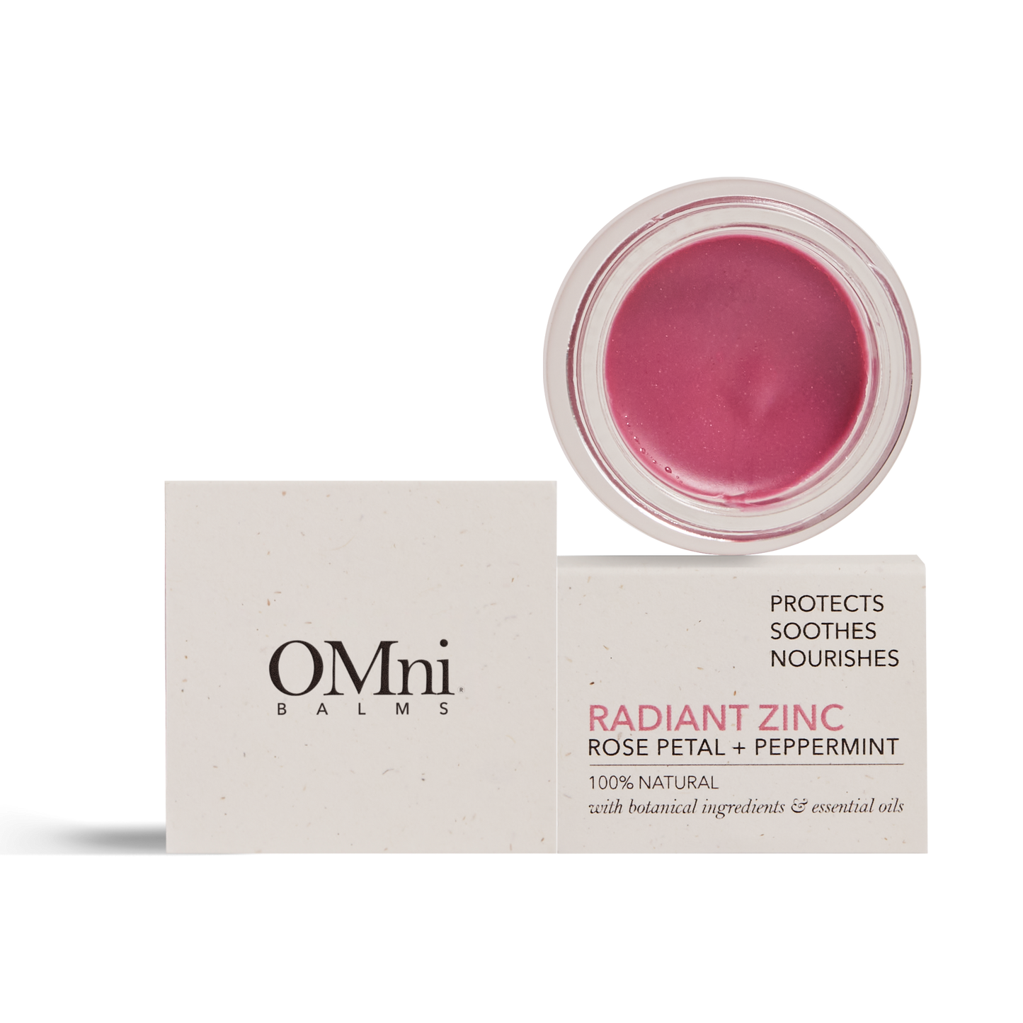 OMni Radiant Zinc Rose Petal natural multi-use balm for dry lips and skin, and blush on cheeks