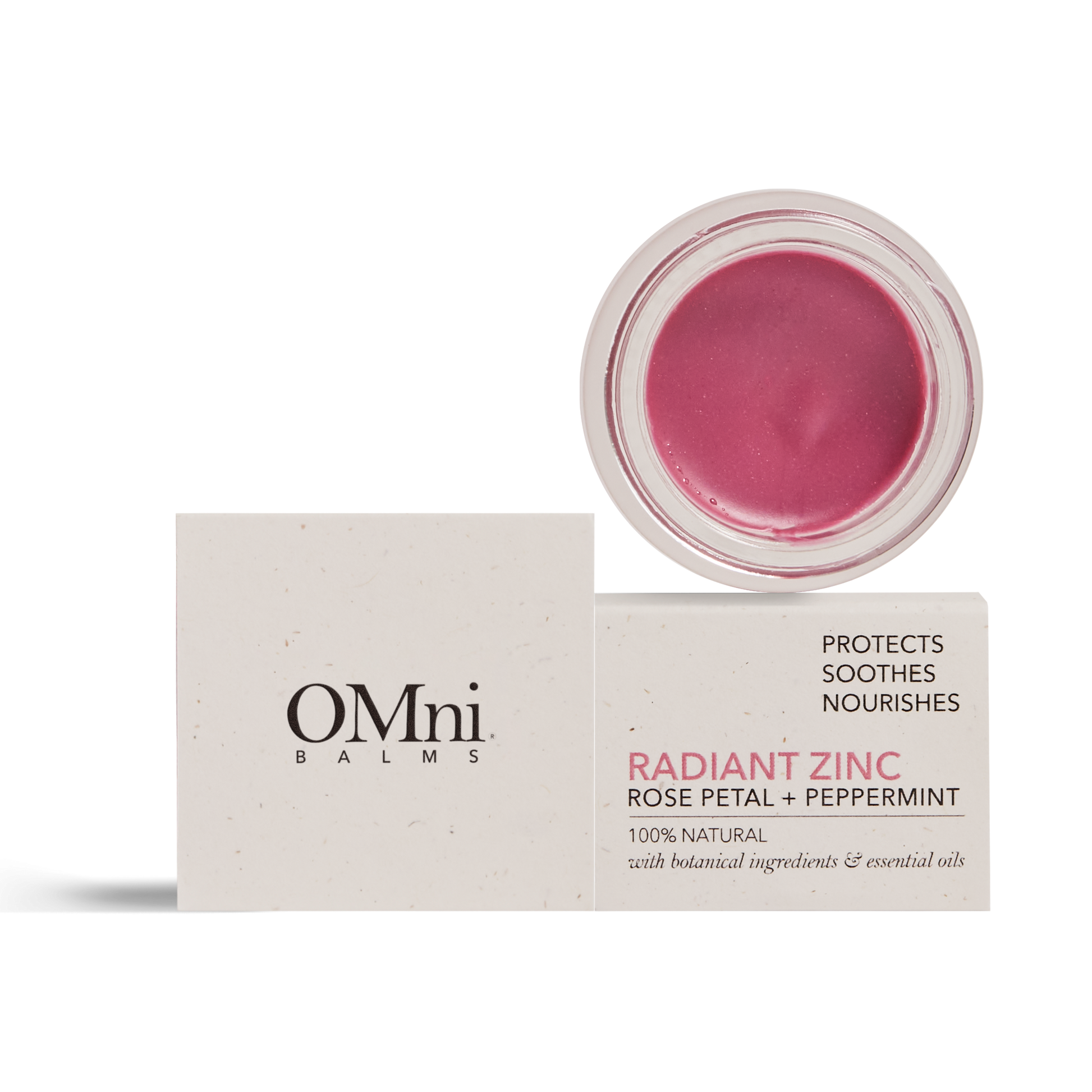 OMni Radiant Zinc Rose Petal natural multi-use balm for dry lips and skin, and blush on cheeks
