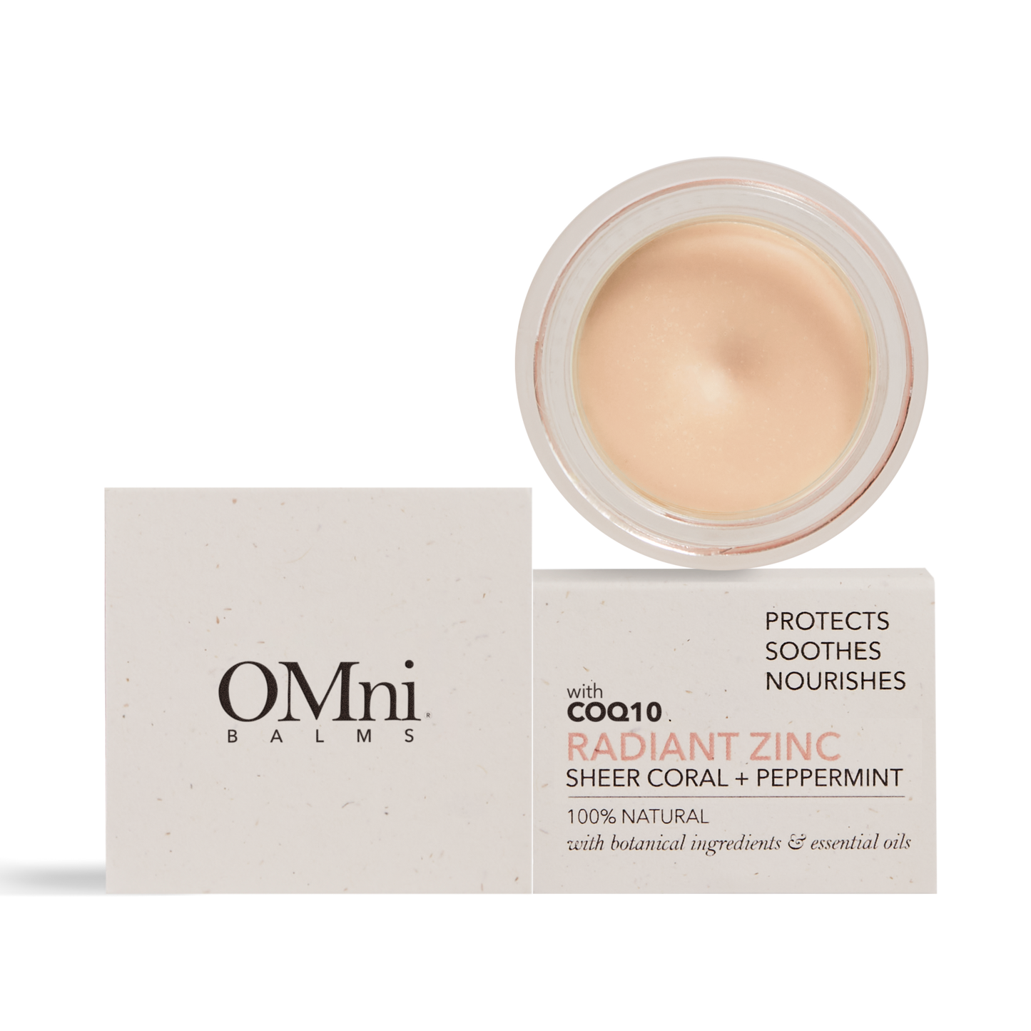 OMni Radiant Zinc Sheer Coral with CoQ10 natural multi-use balm to nourish your face, dry lips and skin, highlighter on cheeks