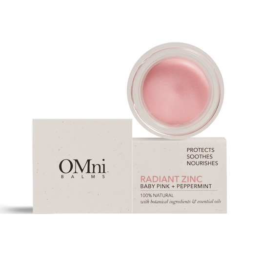 OMni Radiant Zinc Baby Pink natural multi-use balm for dry lips and skin, highlighter on cheeks
