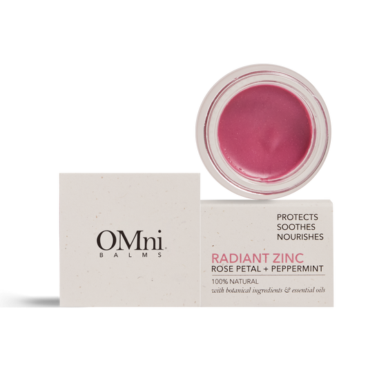 OMni Radiant Zinc Rose Petal natural multi-use balm for dry lips and skin, and blush on cheeks